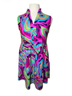 Aryeh Multicolor Stripe Tiered Dress- Pink, Teal, Orange, Navy-Size small